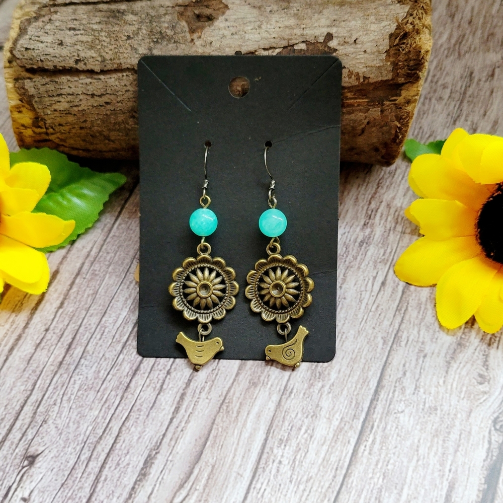 Vintage Antique Bronze and Turquoise Earrings - Picture 3 of 4